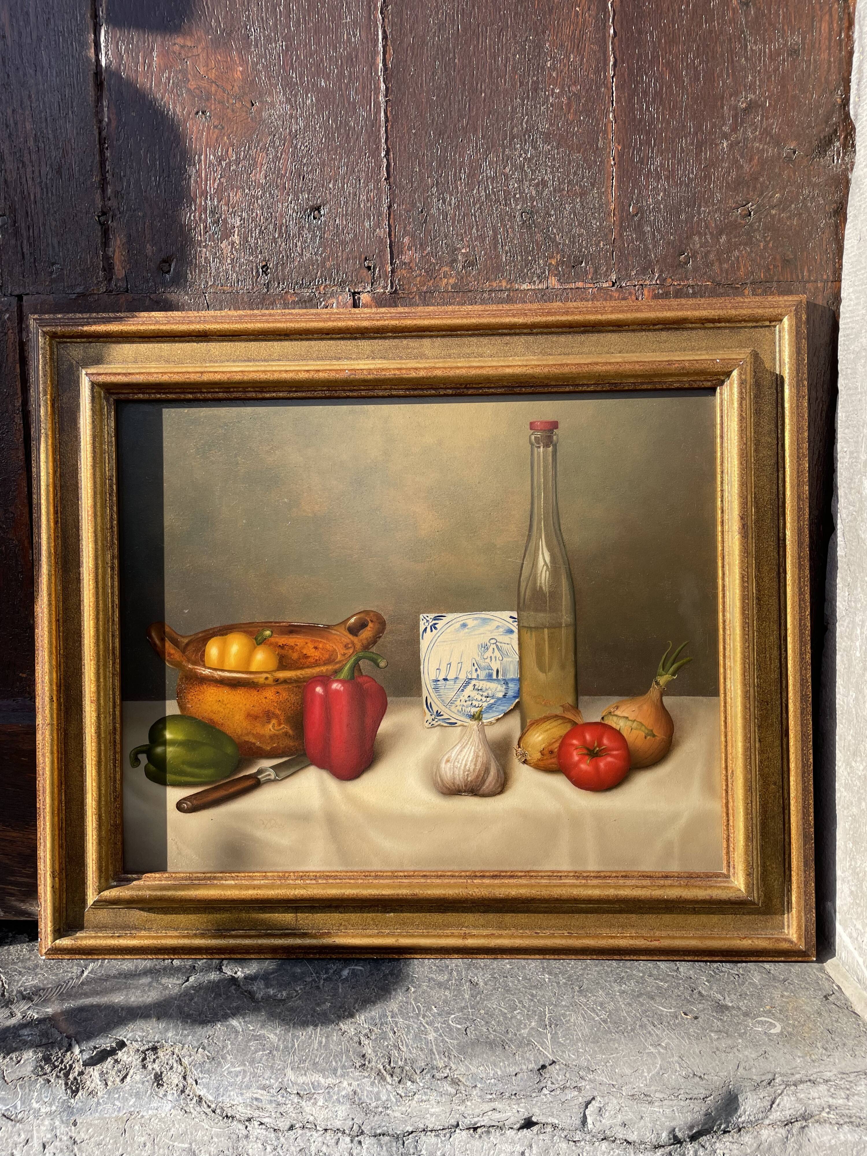 Still life with peppers, oil on panel, signed Peeters