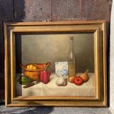 Still life with peppers, oil on panel, signed Peeters