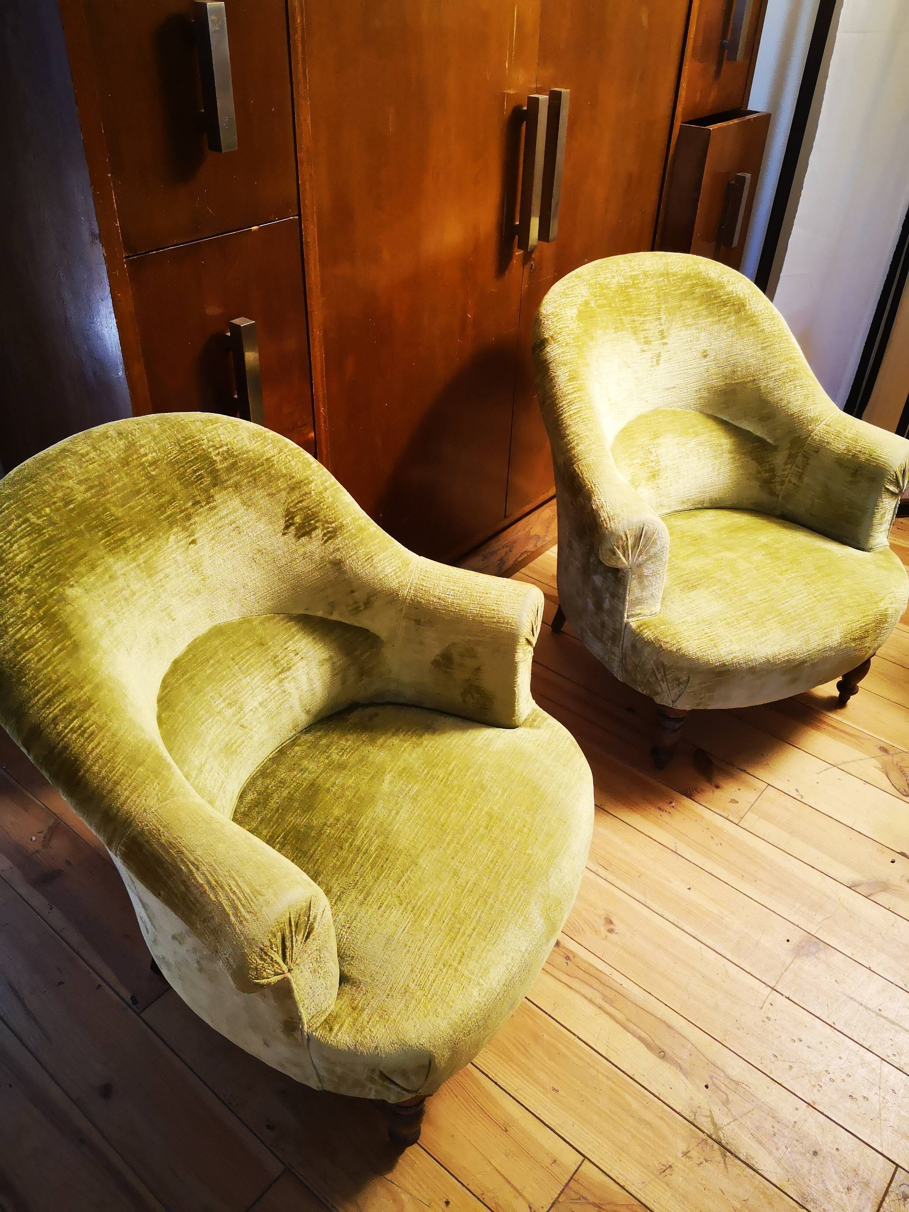 Pair of original tapestry velvet toad armchairs