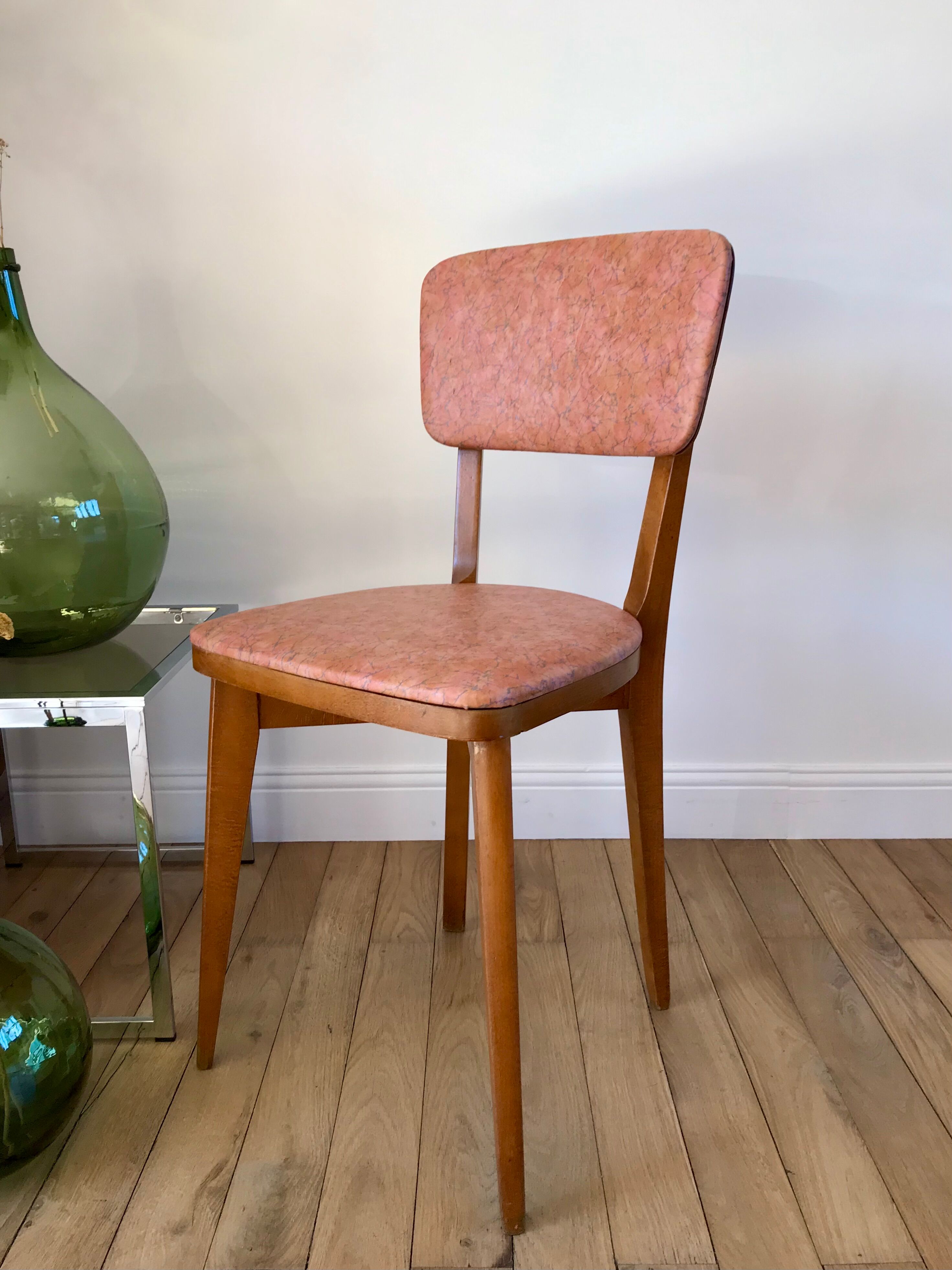 Set of 6 Scandinavian chairs in beech wood and pastel skaï 50s