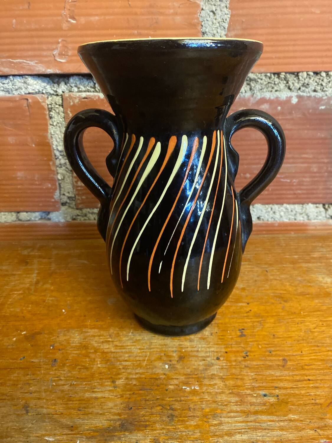 Vase with dwarf handles, black ceramic, vintage decor