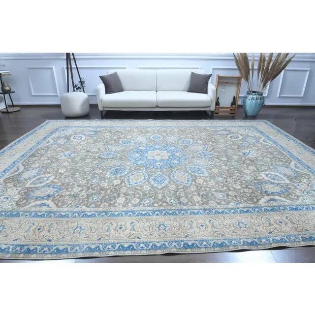 1970s Vintage Persian Handmade Wool Cotton Blue Area Rug 283x400