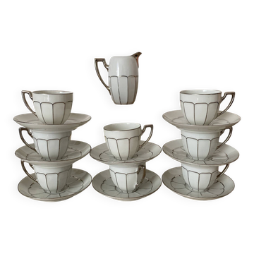 Tasses à café et soucoupes en porcelaine de Limoges blanche et argentée
