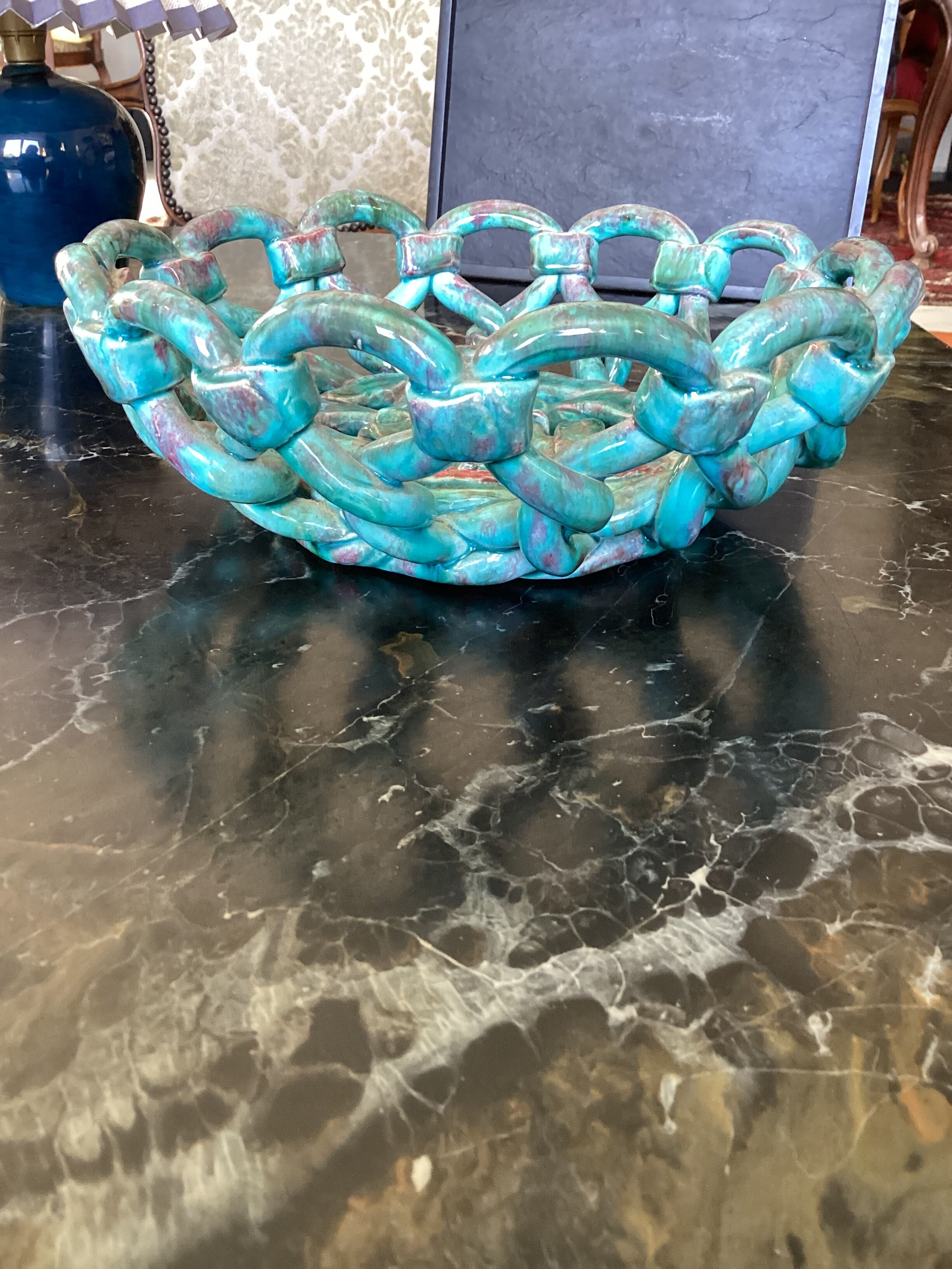 Pottery basket of braided earthenware for fruits dimension: H-9,5cm- D-25,5cm-
