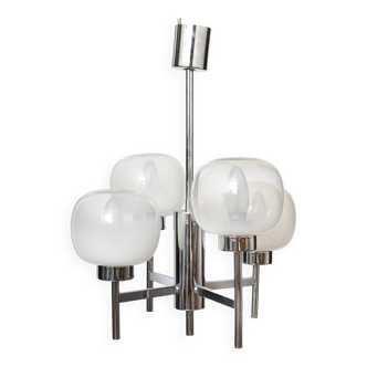 Attributed to Gaetano Sciolari for Mazzega - "Space Age" chandelier in chromed metal and glass