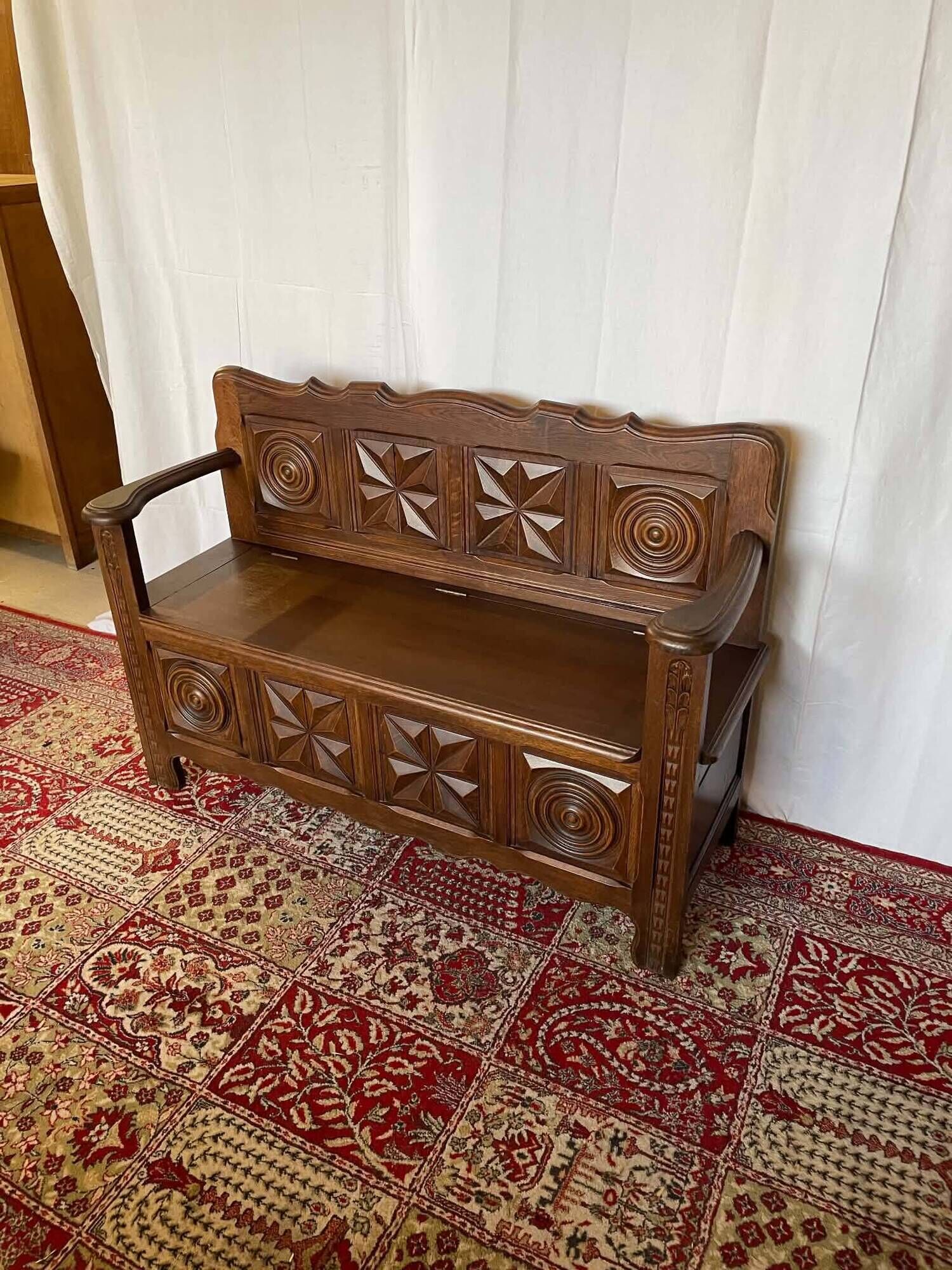 Antique oak carved bank chest – Breton style