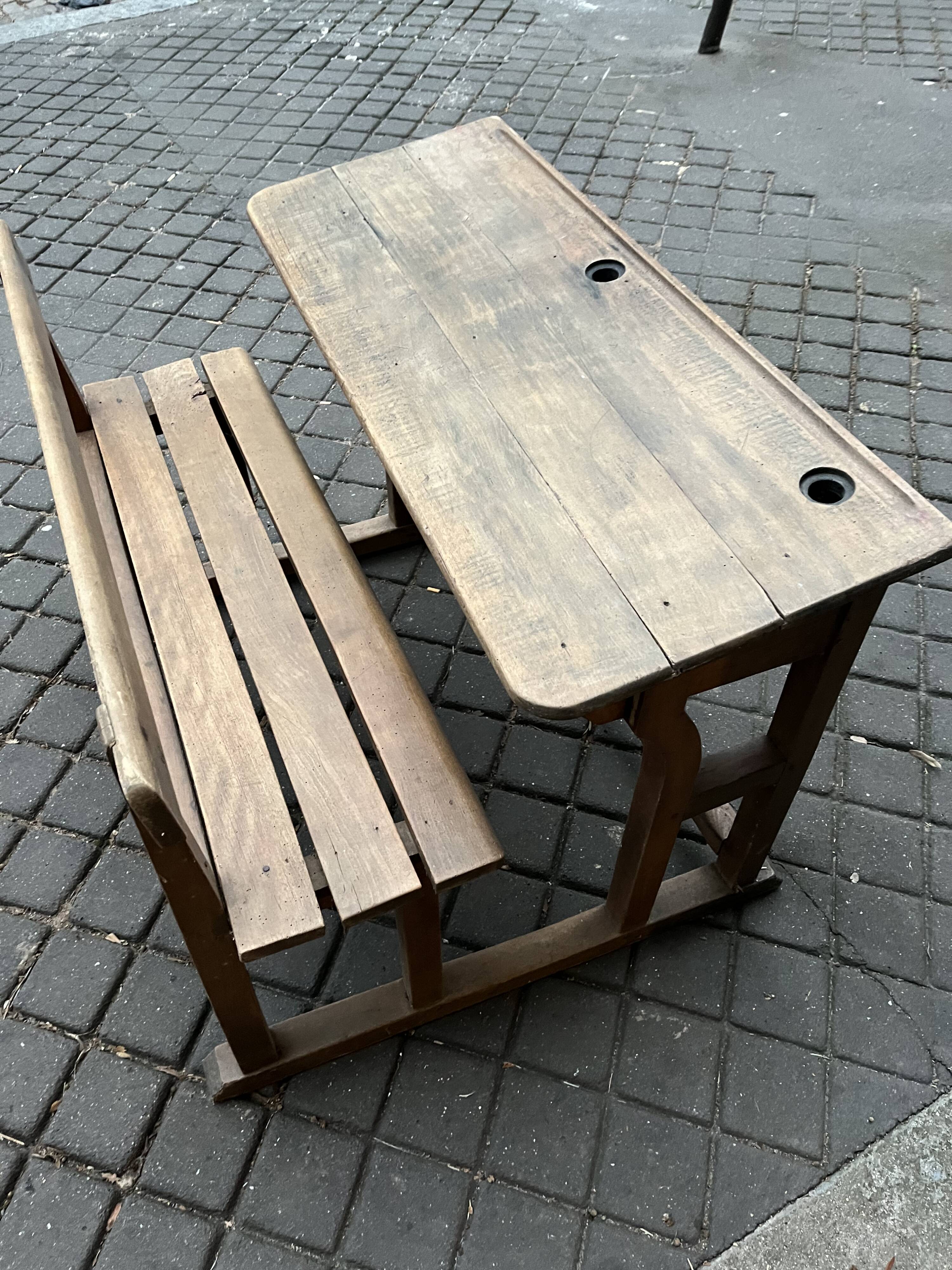 Old double school desk with built-in bench