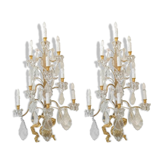 Pair of wall lamps, 1930-1940, in gilded bronze and crystal grapevines