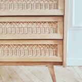 Renovated vintage chest of drawers, 1960s, made of wood and rattan.