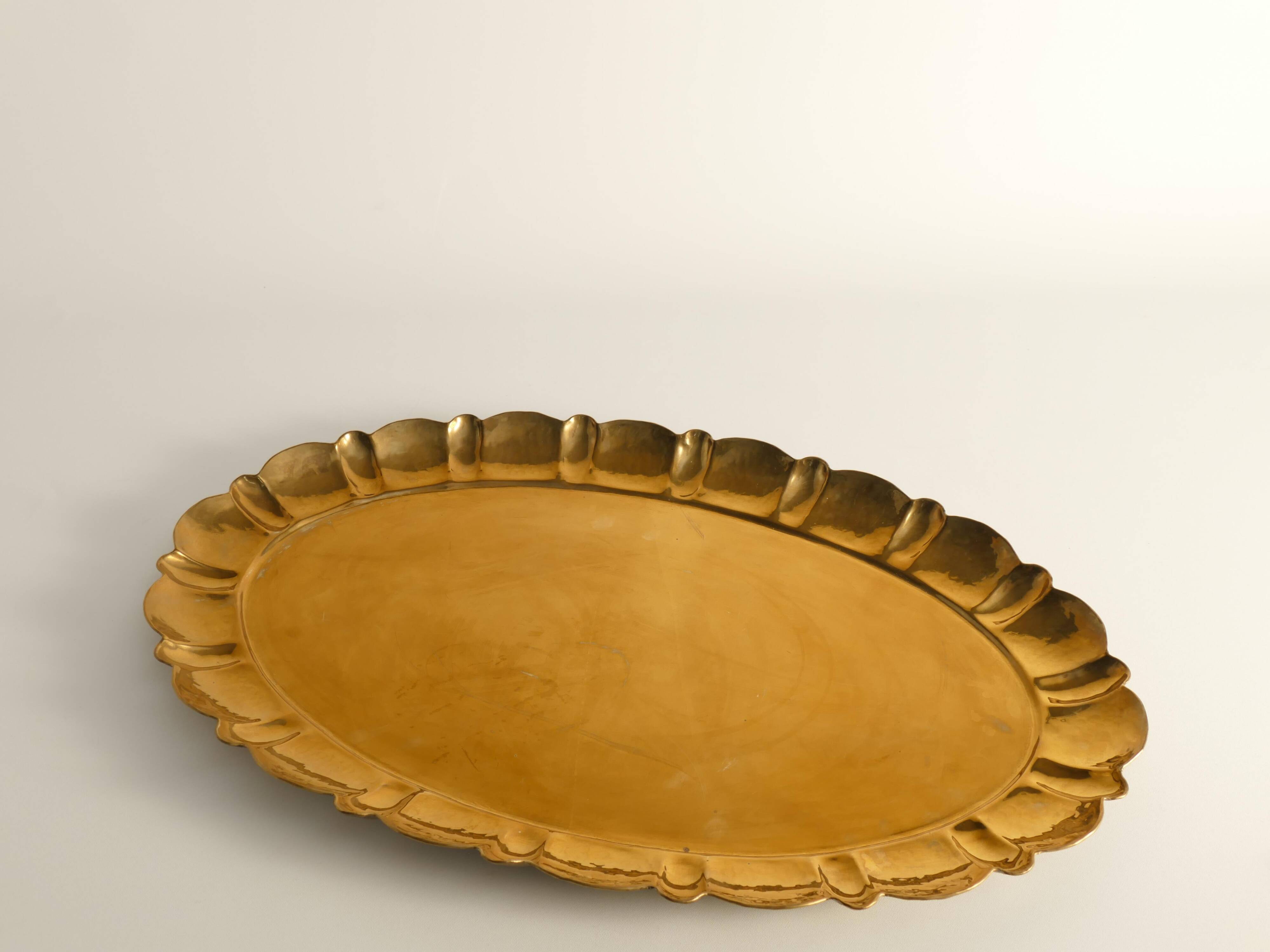 Hollywood Regency Large Oval Brass Tray by Firma Lars Holmström, Sweden 1940's