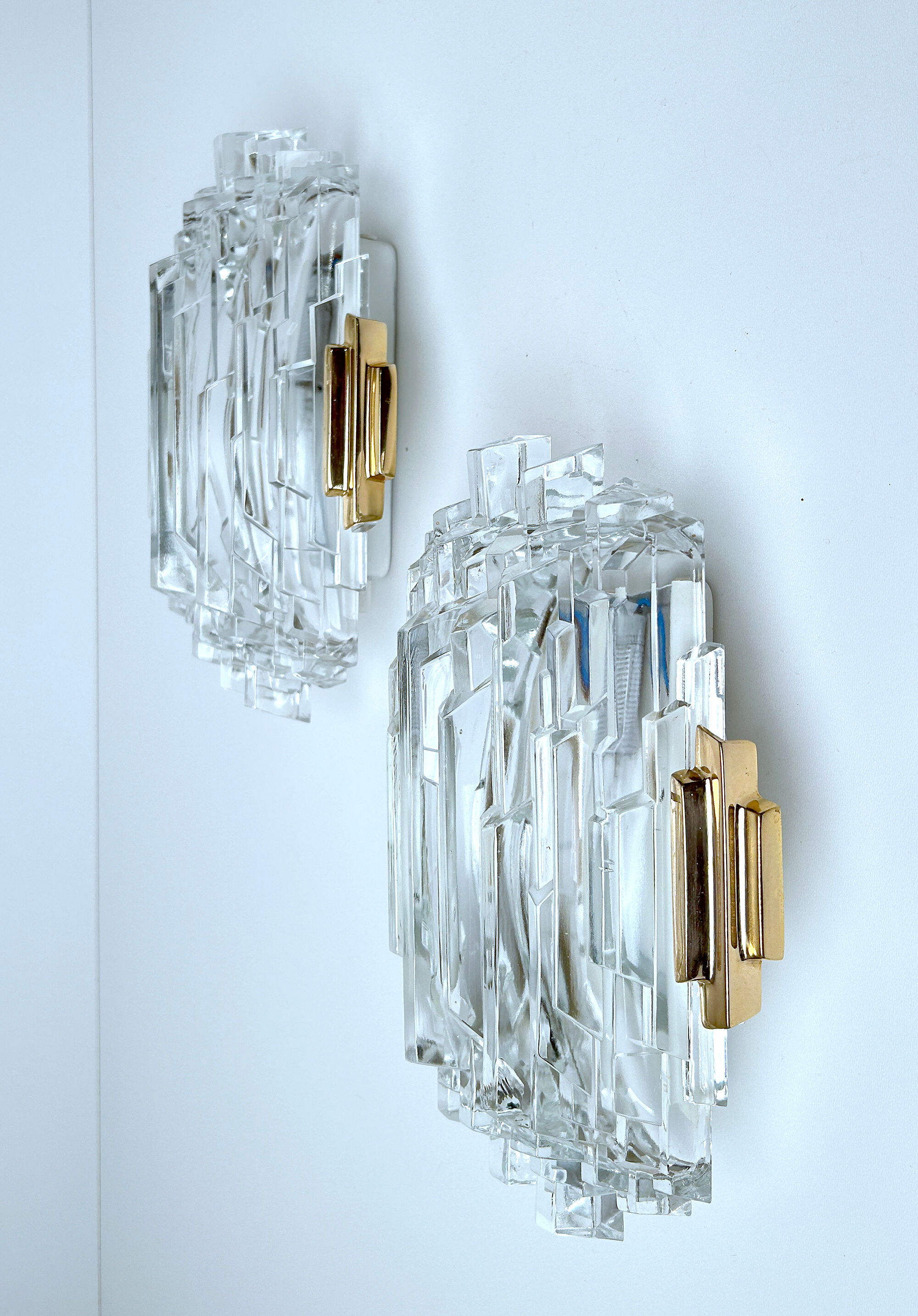 Pair of vintage wall lamps, glass and bronze gilded with fine gold