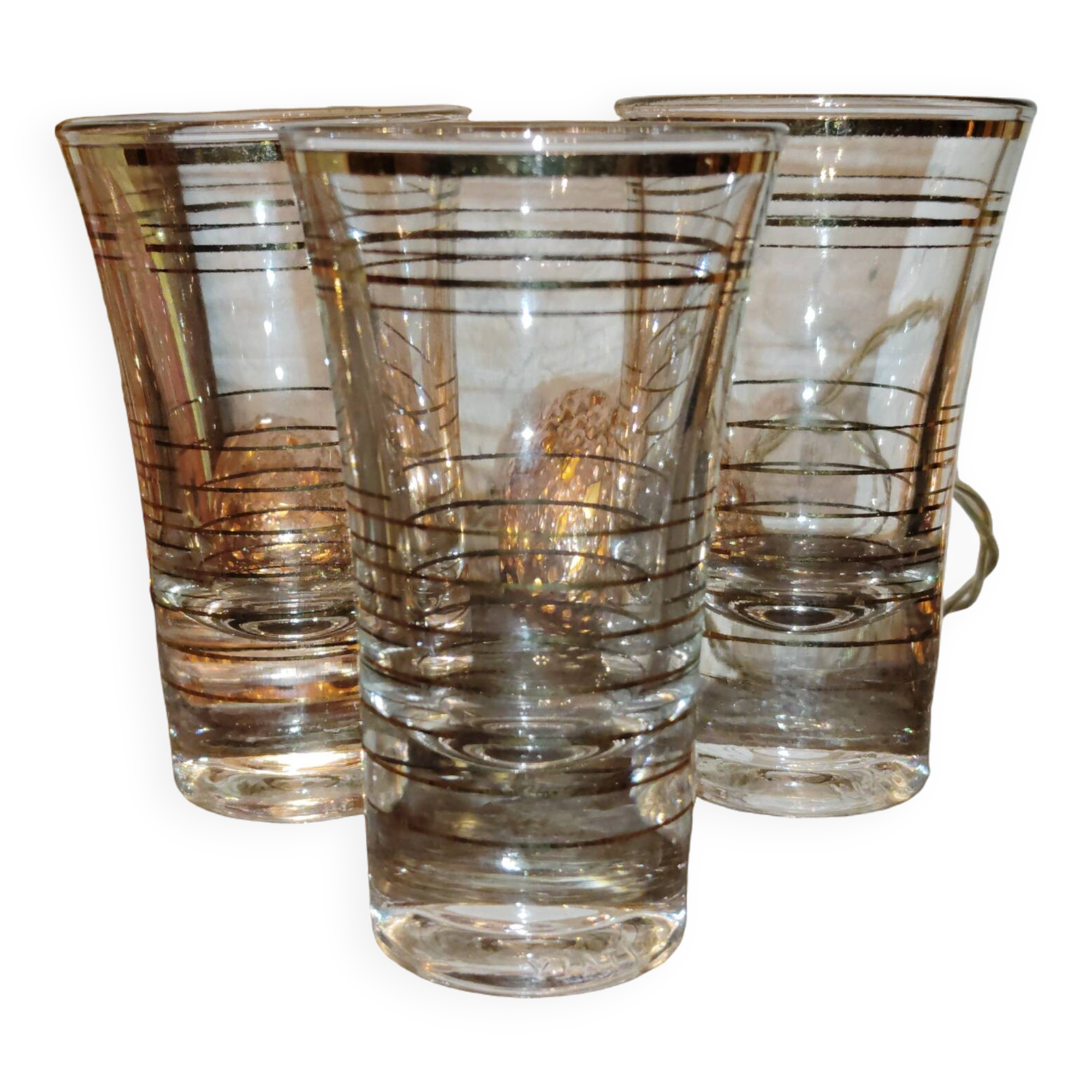 Set of 3 Art Deco Fired Wine Glasses - 1940 Certified - Gold Filled - French