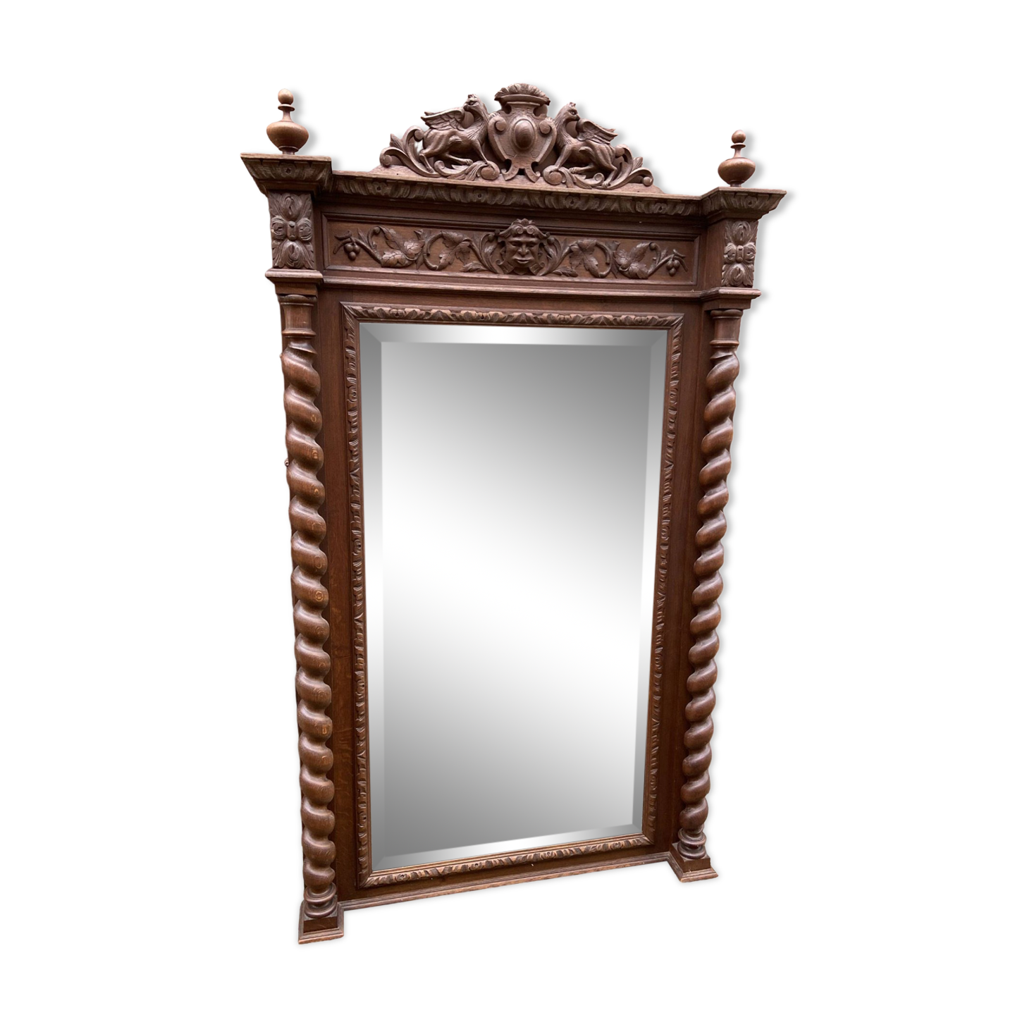 Renaissance style castle hunting mirror Louis XIII carved oak 1880