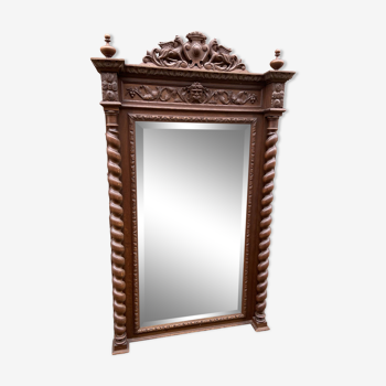 Renaissance style castle hunting mirror Louis XIII carved oak 1880