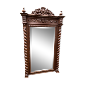 Renaissance style castle hunting mirror Louis XIII carved oak 1880