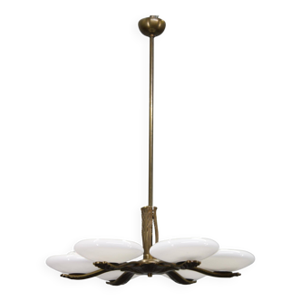 Art Deco brass chandelier with six glass shades, Czechoslovakia 1930s