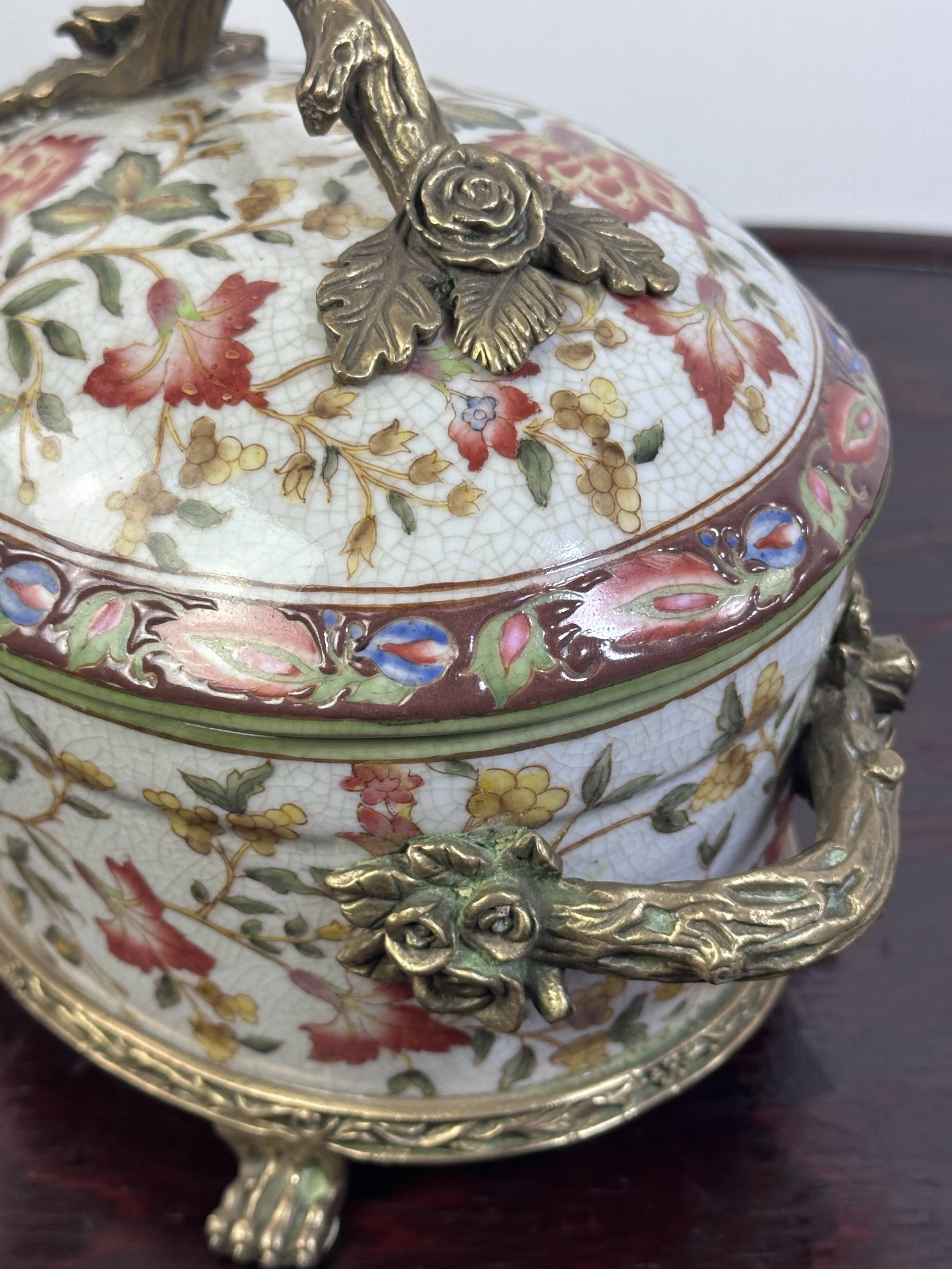 Louis XV style enamelled ceramic and bronze pot 22x16cm