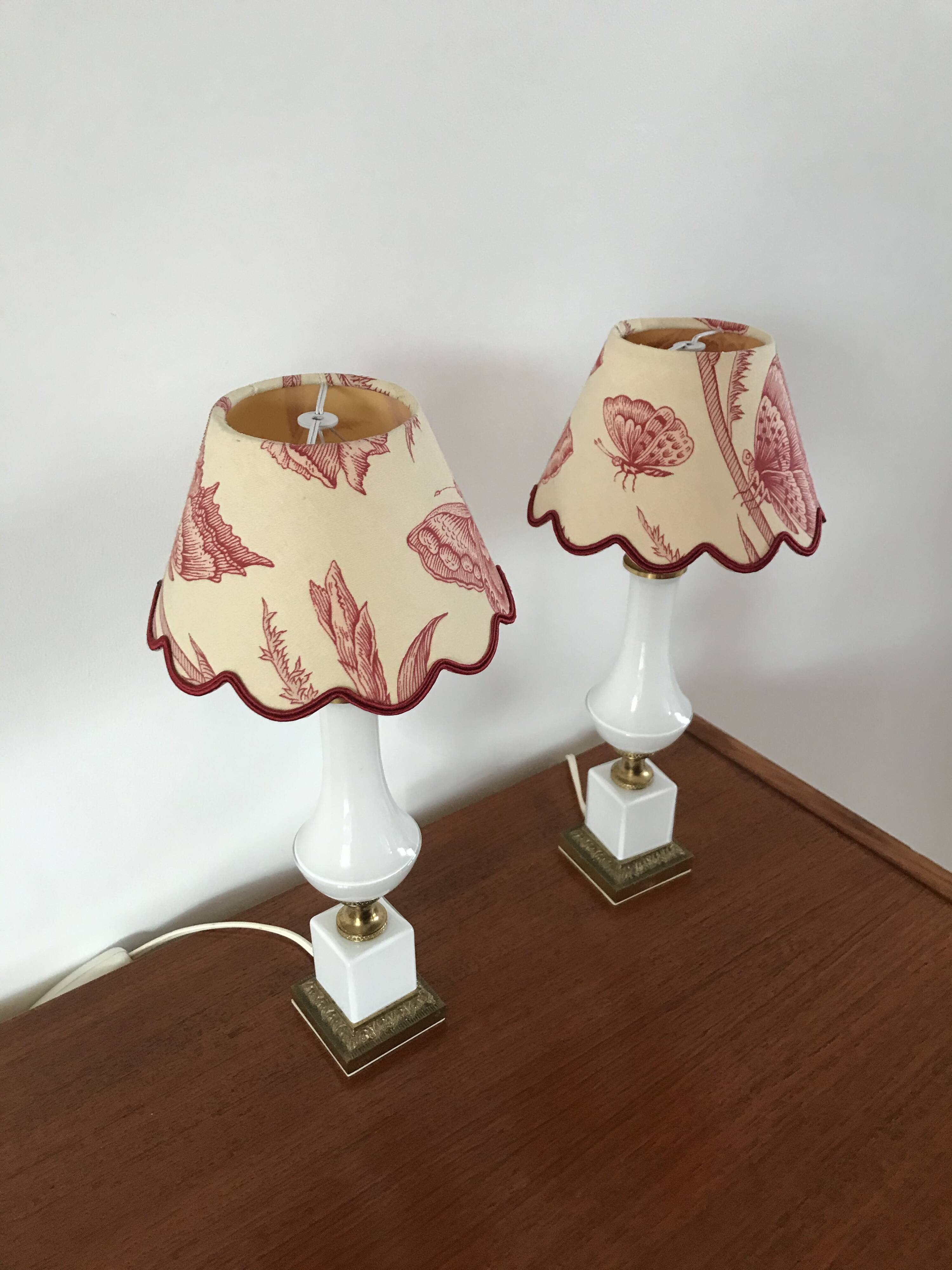 Pair of bedside lamps in opaline and brass toile de jouy lampshades 1950