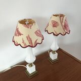 Pair of bedside lamps in opaline and brass toile de jouy lampshades 1950