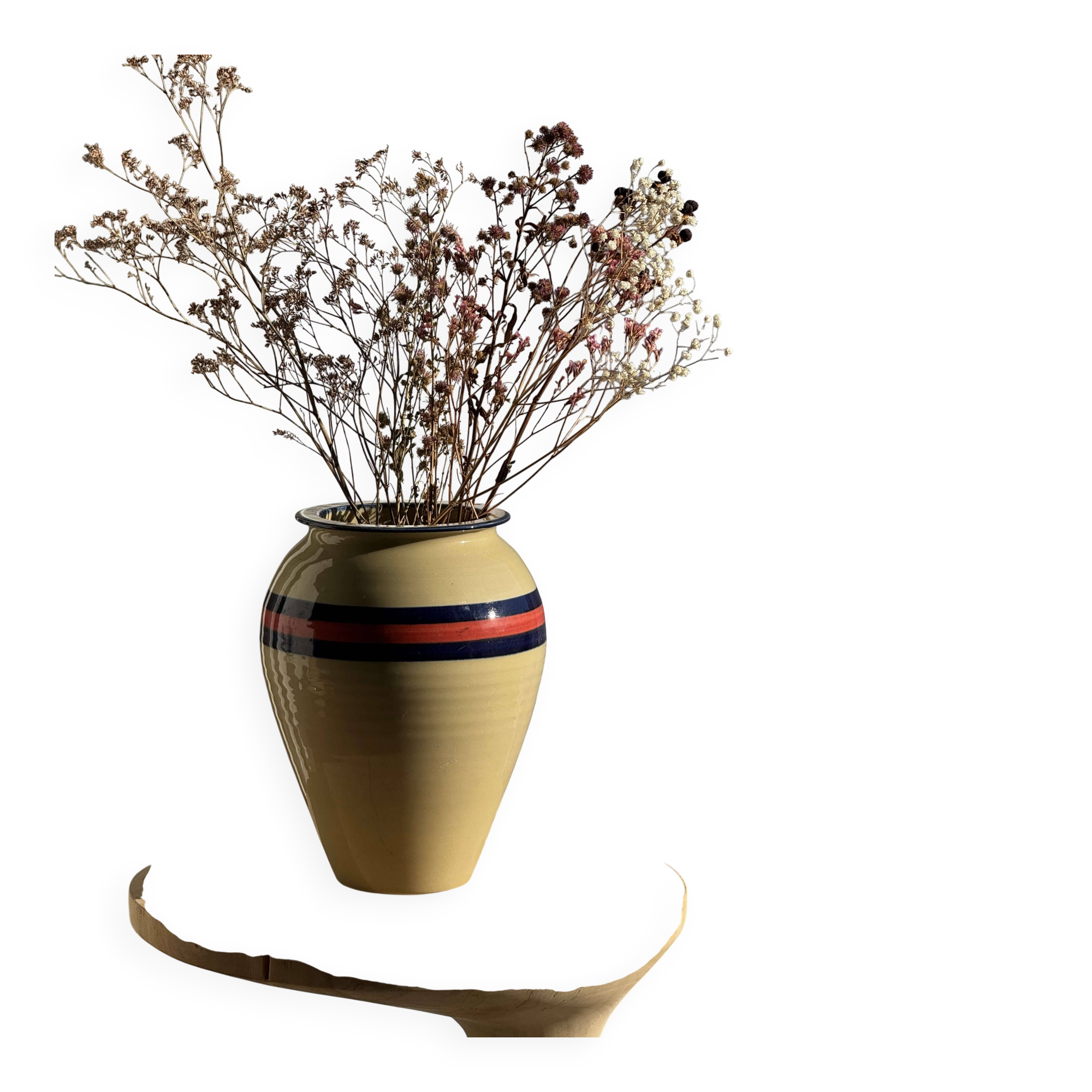 Large beige vase with blue and pink trim H27 D21