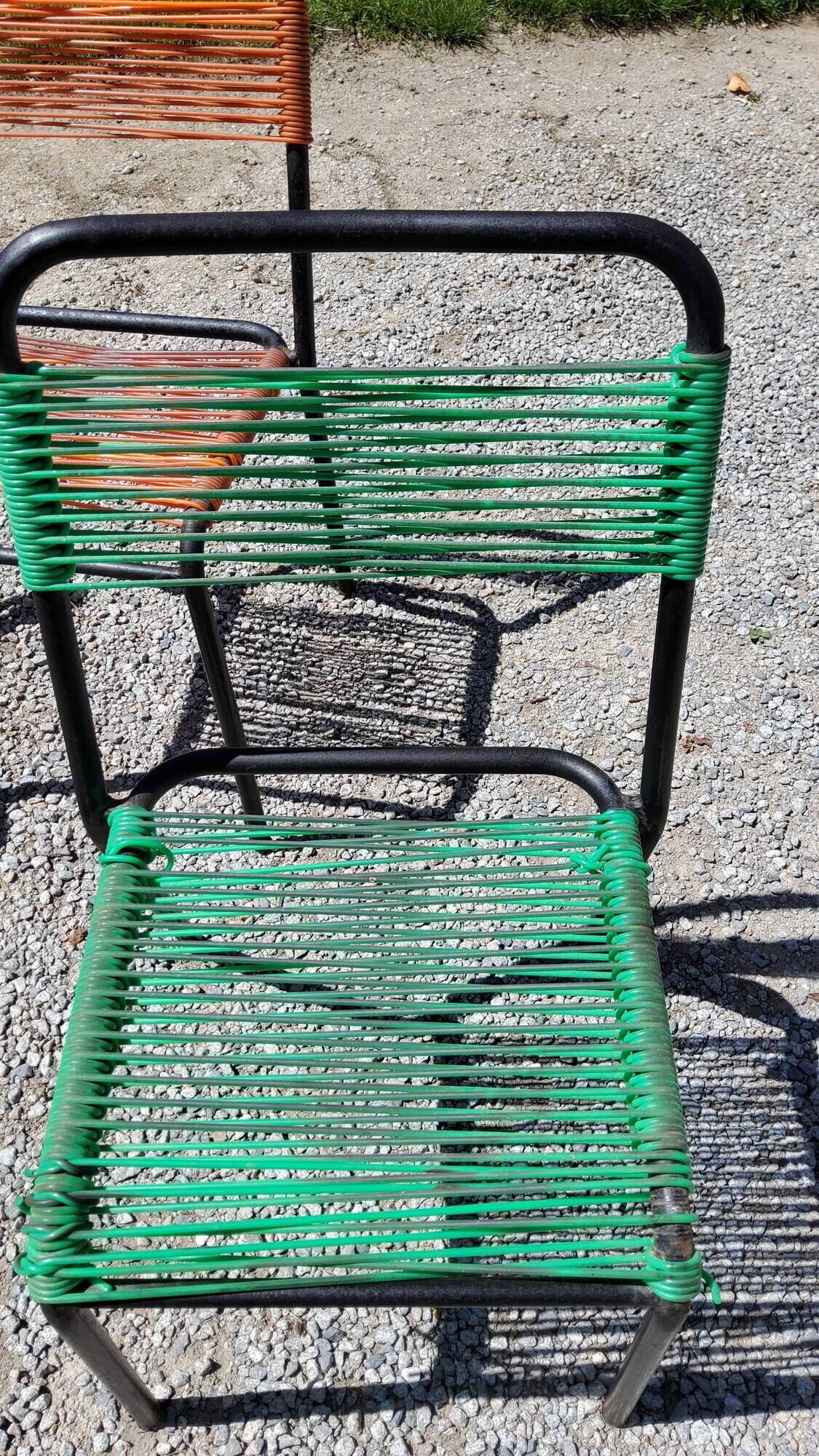 Set of 4 chairs scoubidou green and orange tubes metal black from the 60s