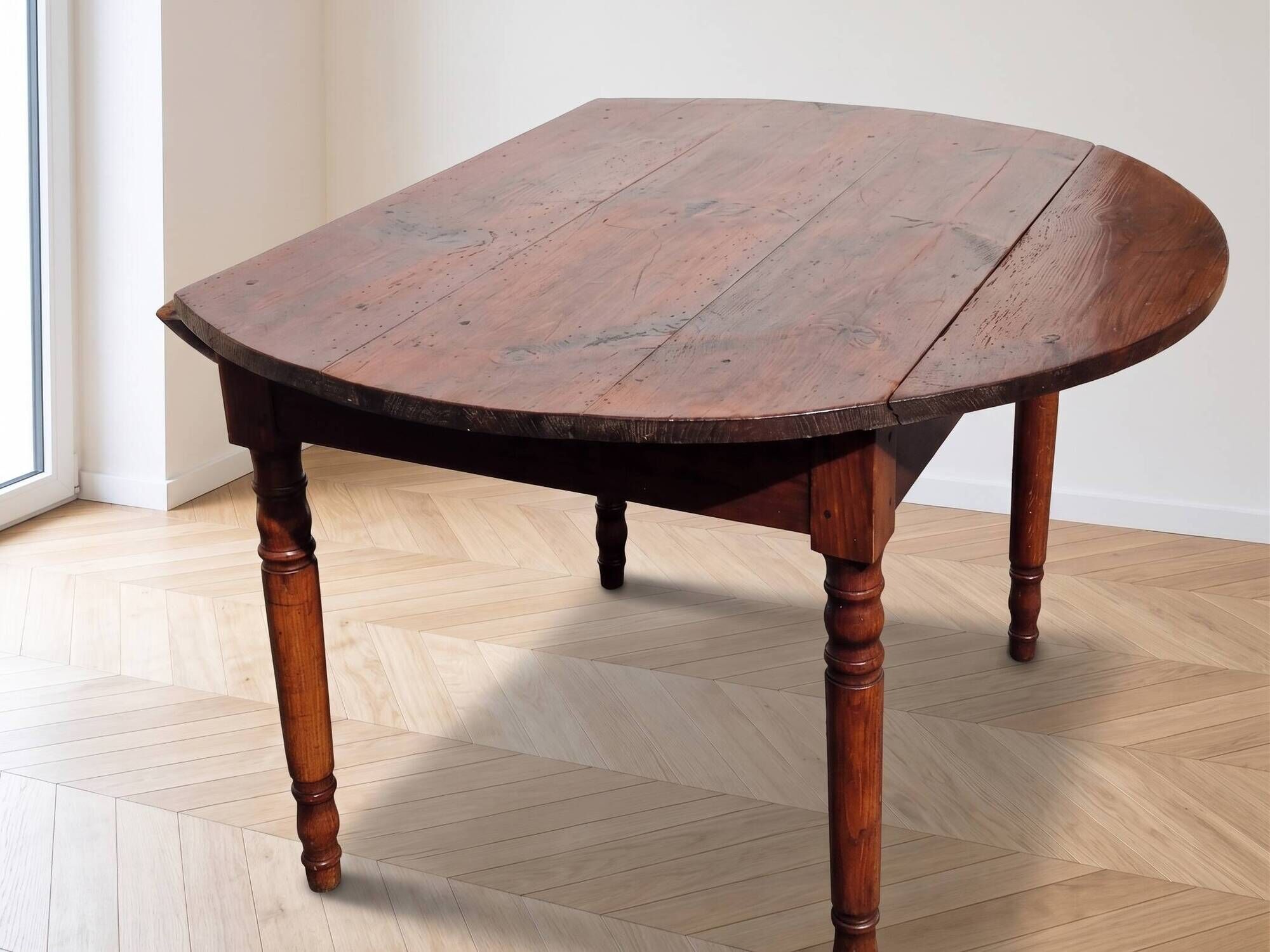 Antique dining table with drop leaves, wood.