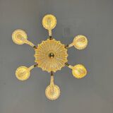 Venetian chandelier in gilded Murano glass with reticello pattern, 6 light arms, circa 1950