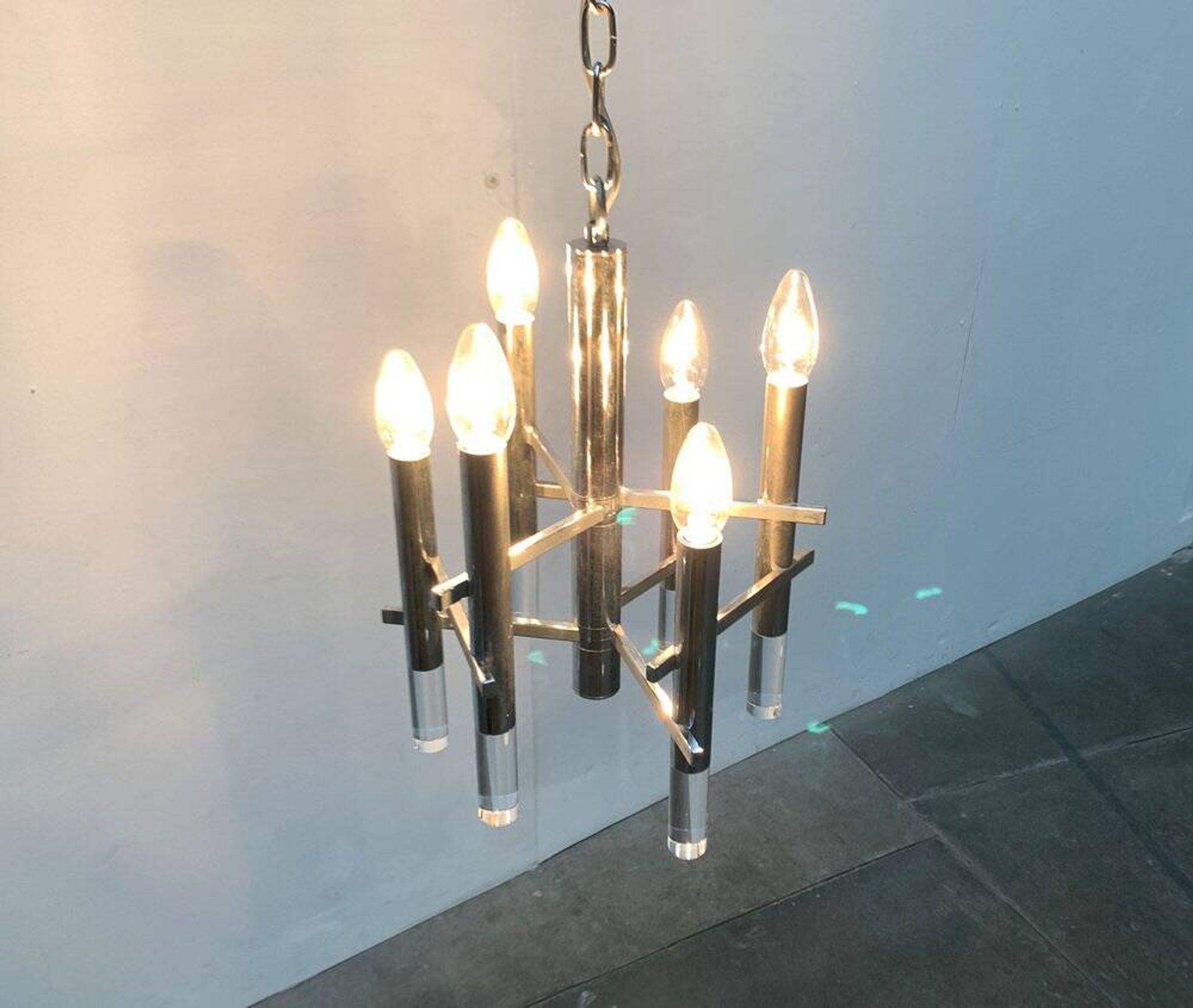 Italian chrome and acrylic chandelier from the space age mid-century by Gaetano Sciolari, 1960s.