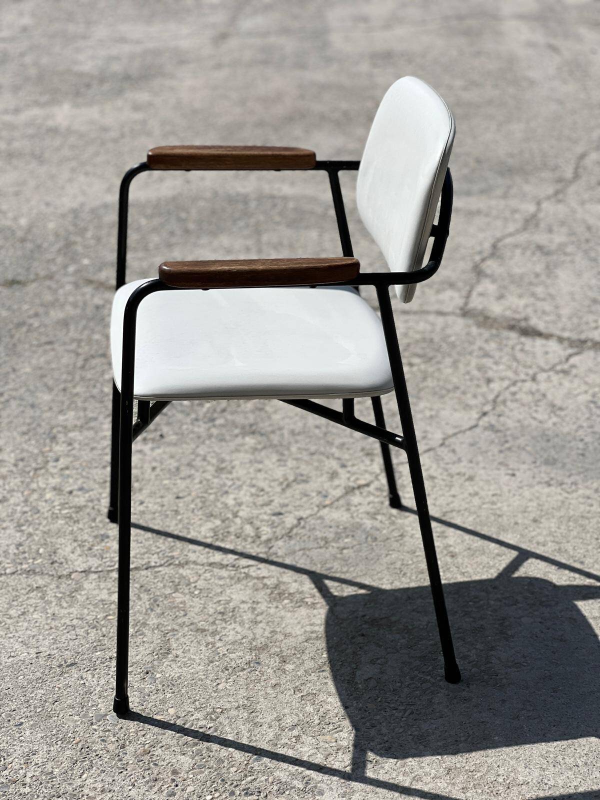 Vintage 1950s metal, oak and faux leather armchair