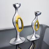 Pair of brutalist candlesticks by Léopold, bronze and aluminum, Spain, 1970