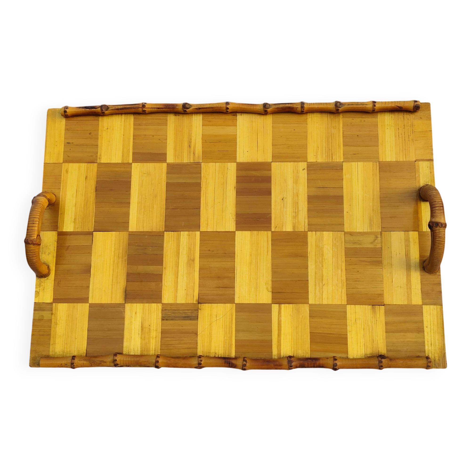 Plateau vintage en "bambou et marqueterie"