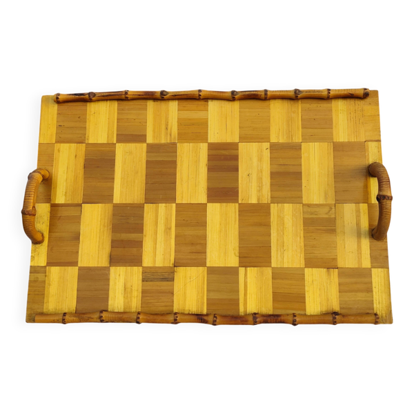 Plateau vintage en ''bambou et marqueterie