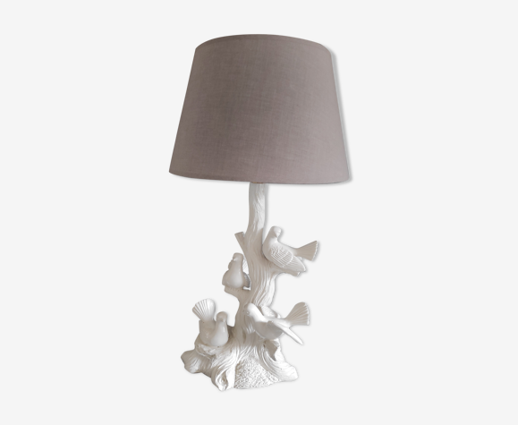 Lampe 4 colombes en céramique blanche et abat-jour gris