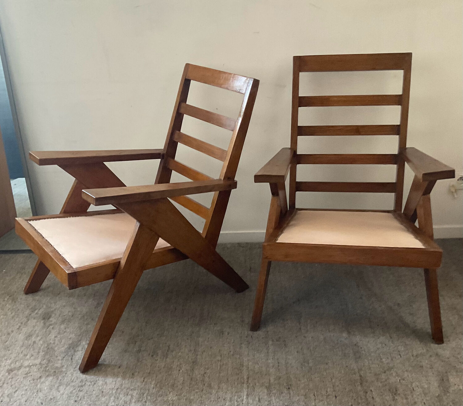 Pair of compass-legged armchairs, 1960s