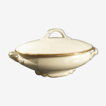 Soupière ovale en porcelaine liseré doré vintage