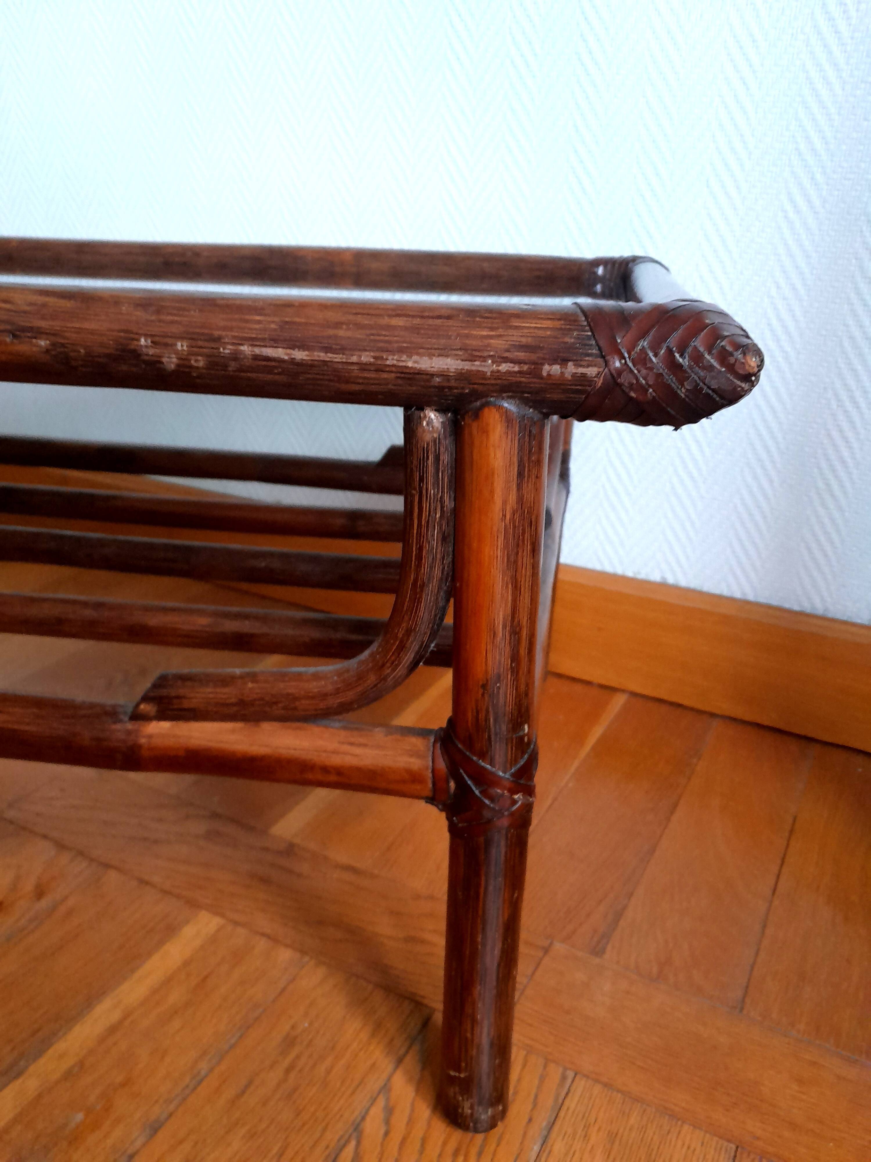 Vintage rattan and smoked glass coffee table 1960