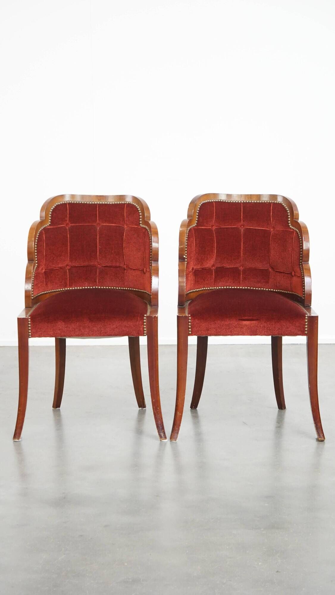 Set of 4 Art Deco Dining Chairs with Red Upholstery and Wooden Backs