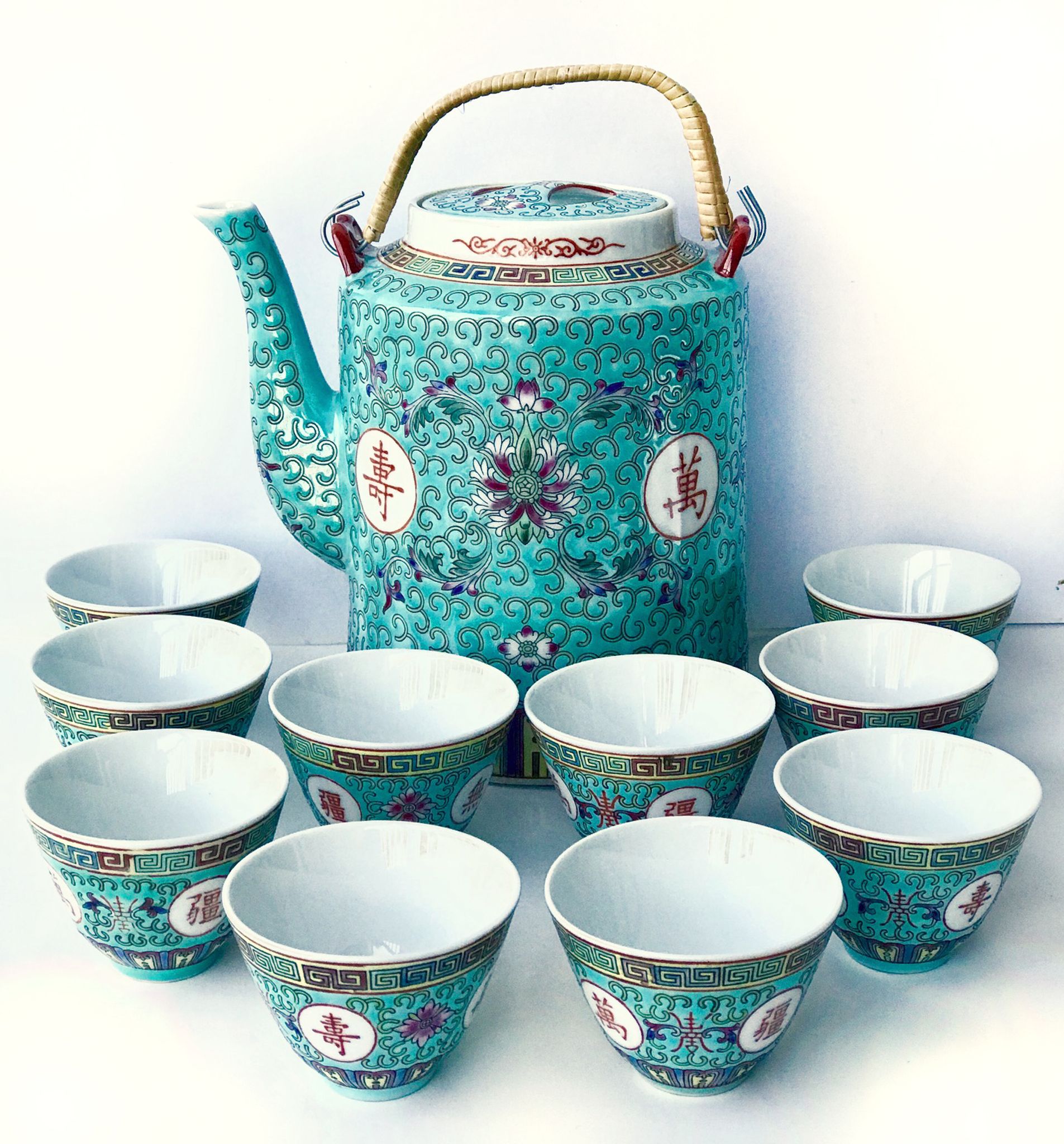 Chinese porcelain tea service with wicker basket