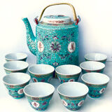 Chinese porcelain tea service with wicker basket