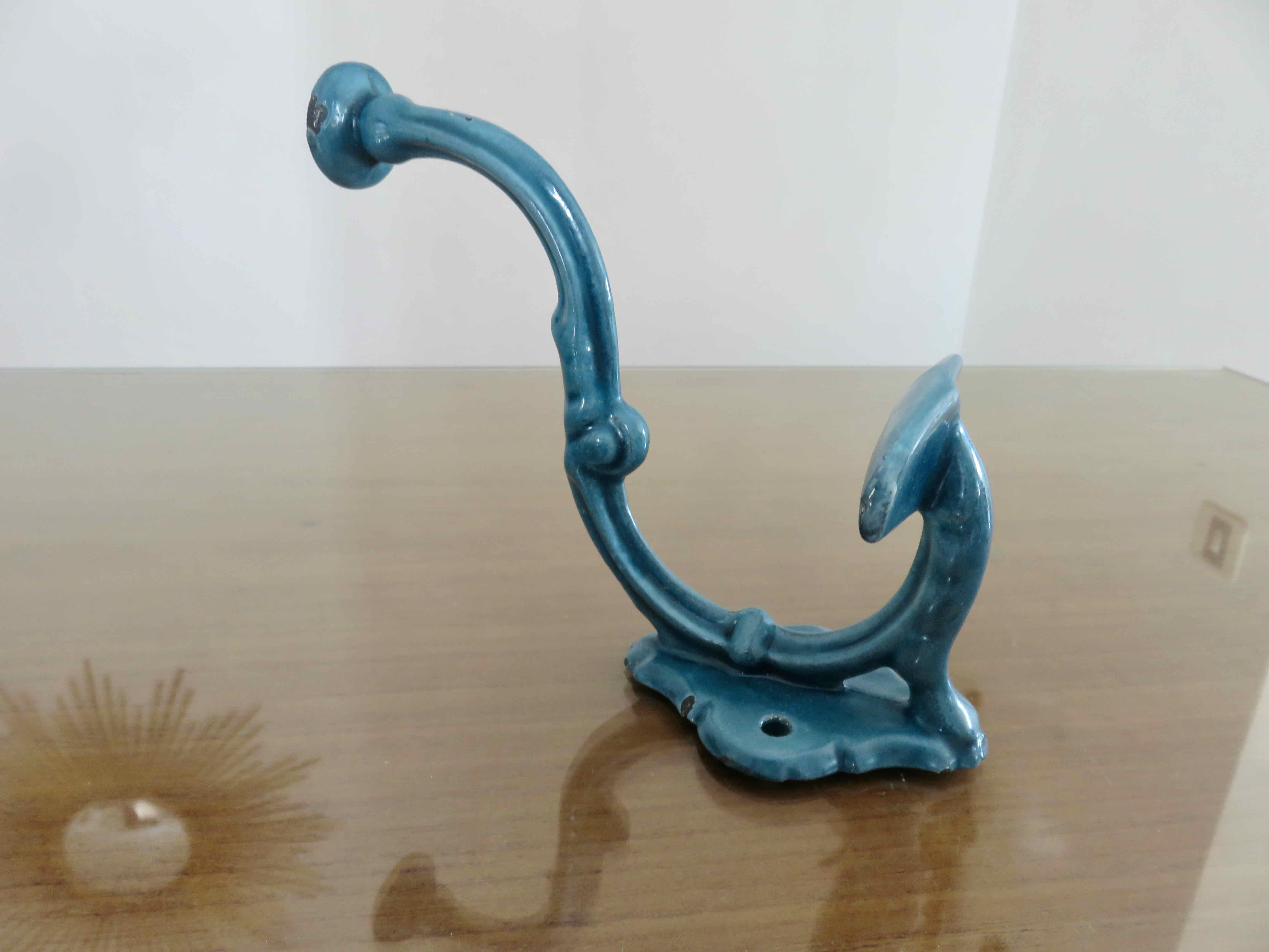 Pair of hooks in blue enamelled cast iron, art deco 30s 40s