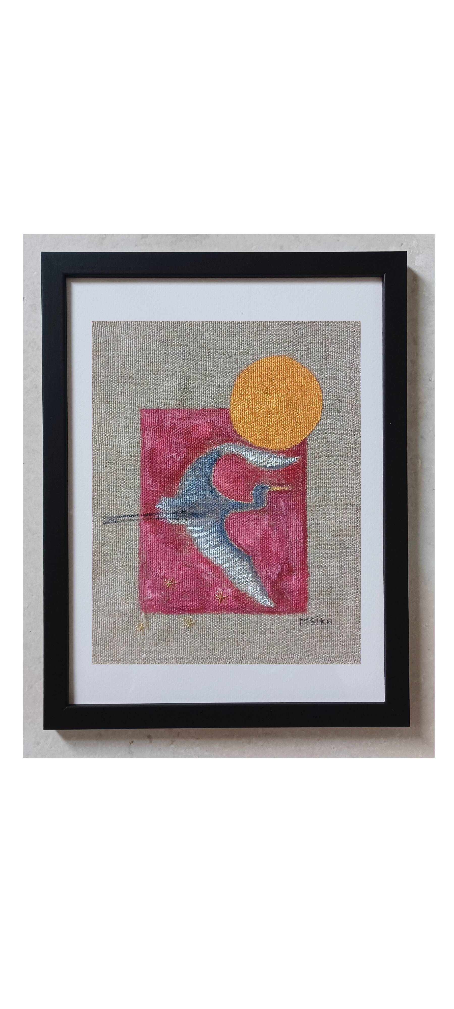 Painting on linen, The crane and the golden sun