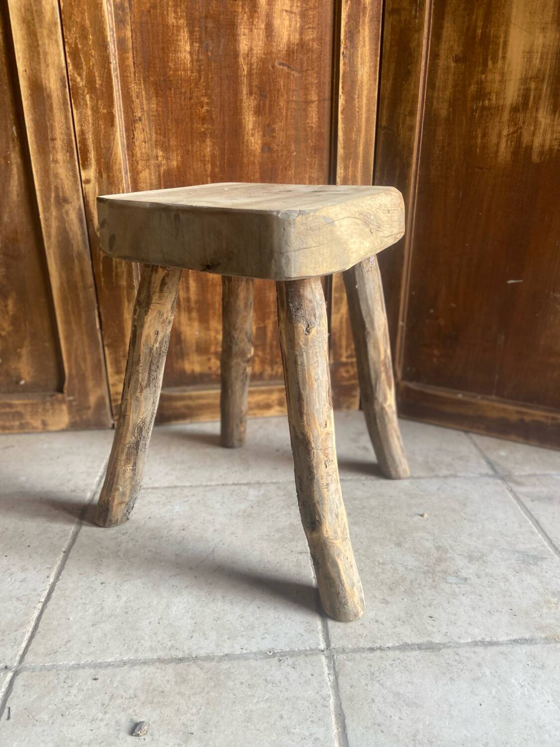 Antique brutalist stool in solid oak