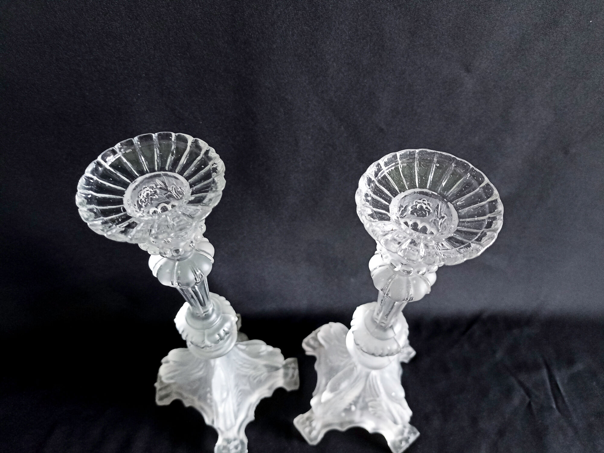 Pair of pressed molded glass candlesticks from Val St Lambert model Griffon