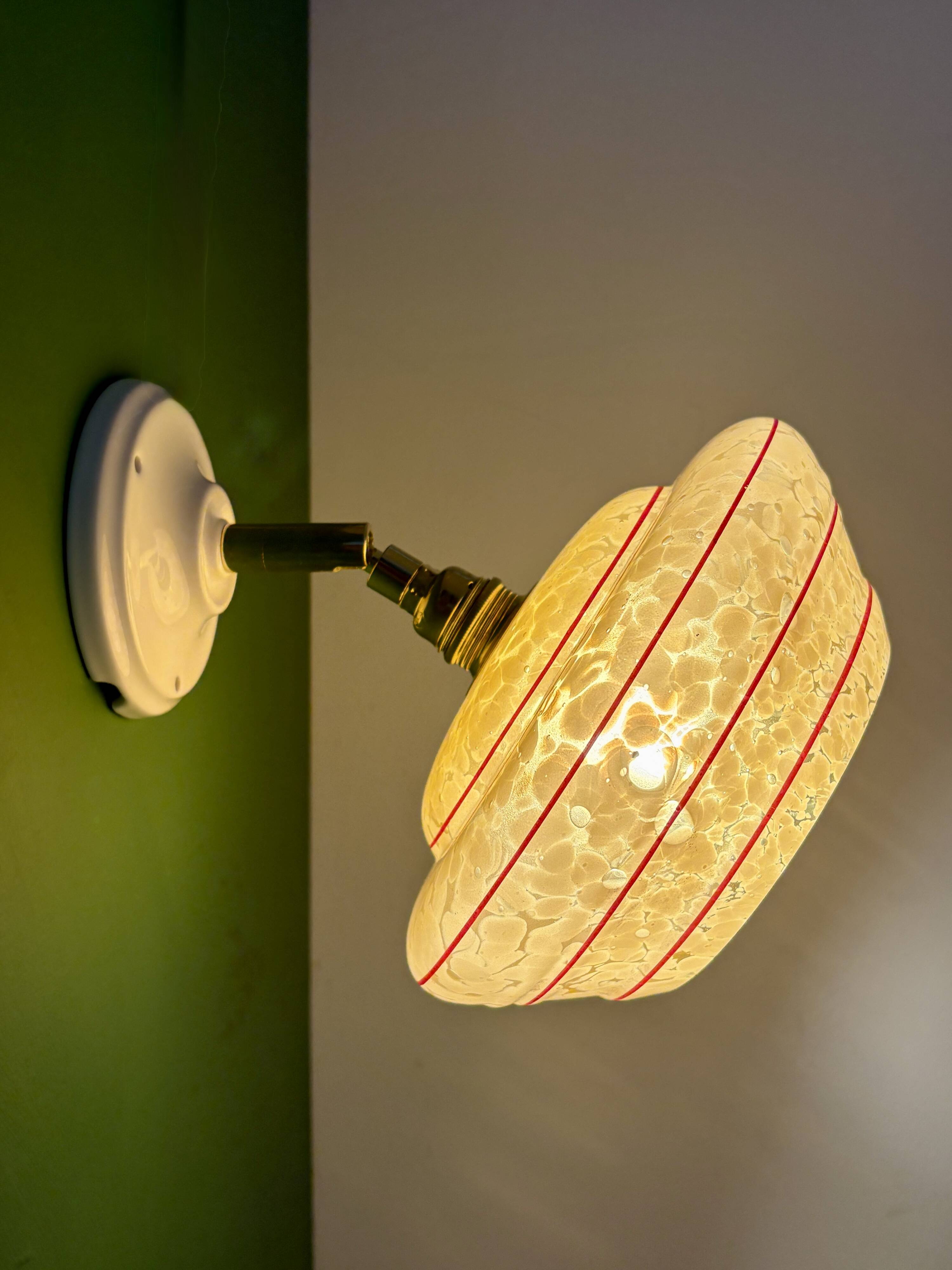 Vintage wall lamp with yellow clichy glass shade and red trim