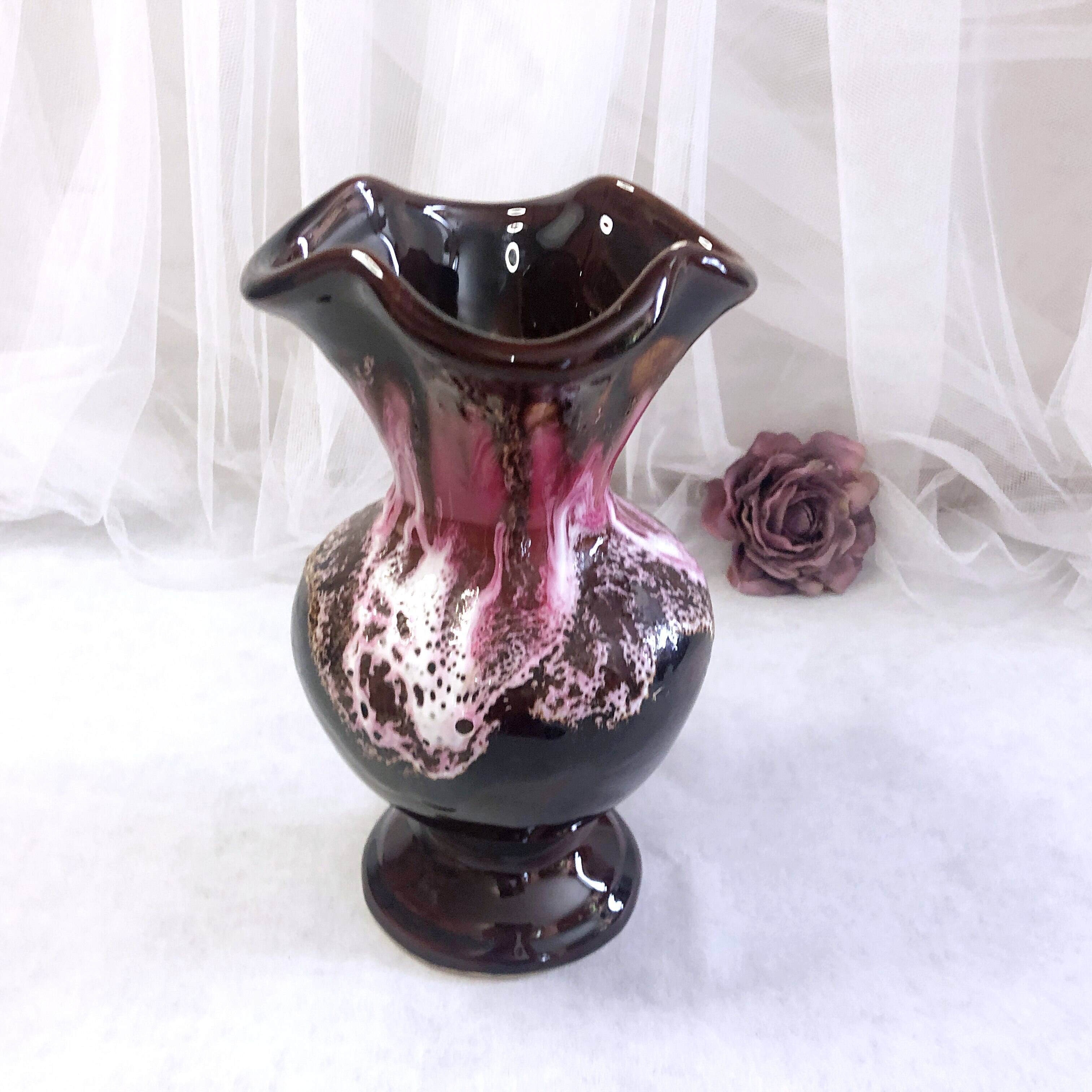 Seafoam tulipwood vase, brown and pink, Vallauris, signed PG