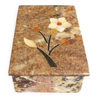 Antique steatite box with inlaid mother-of-pearl flower decoration.
