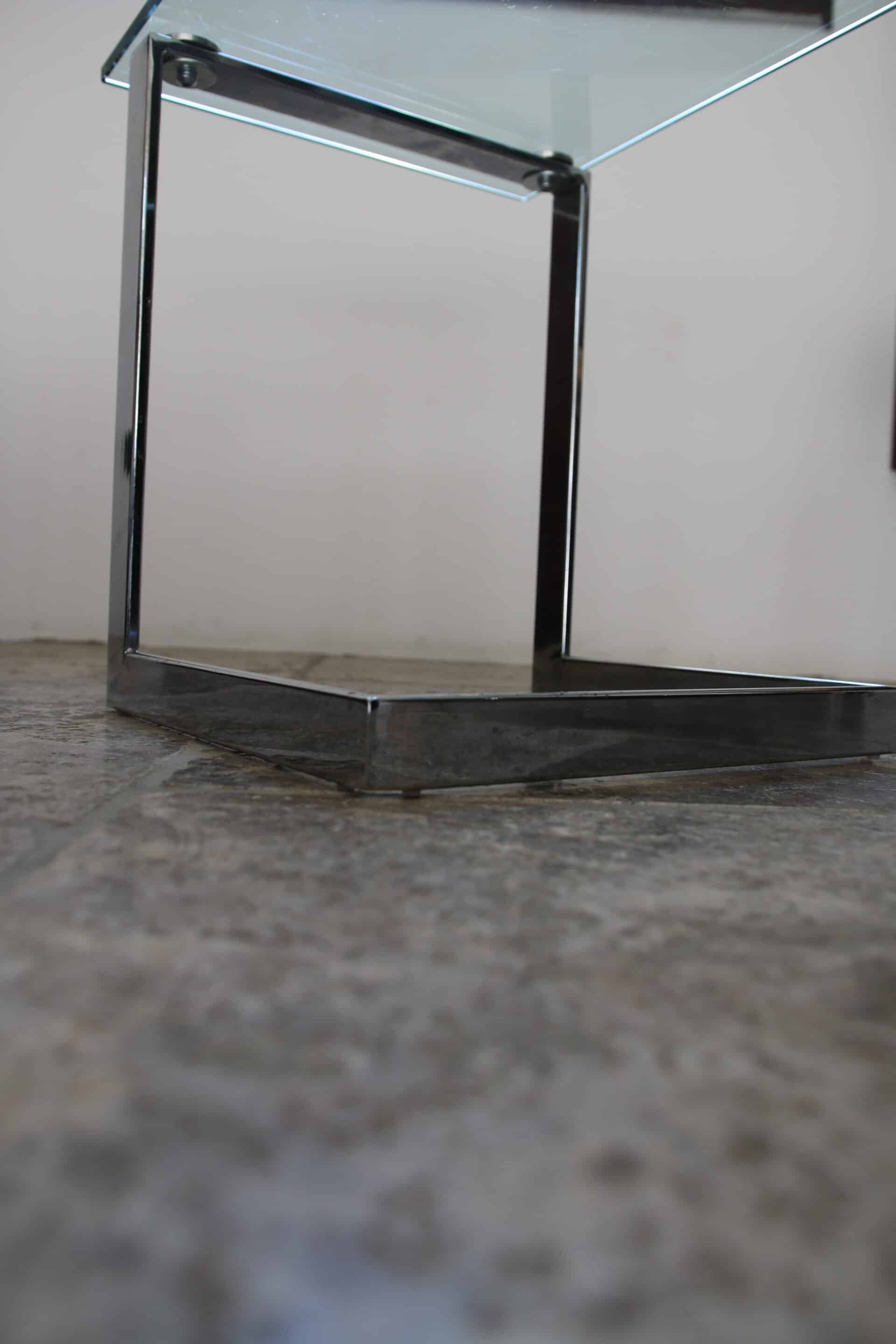 Table d’appoint verre, chrome  « Gebra », années 80, étiquette d'origine