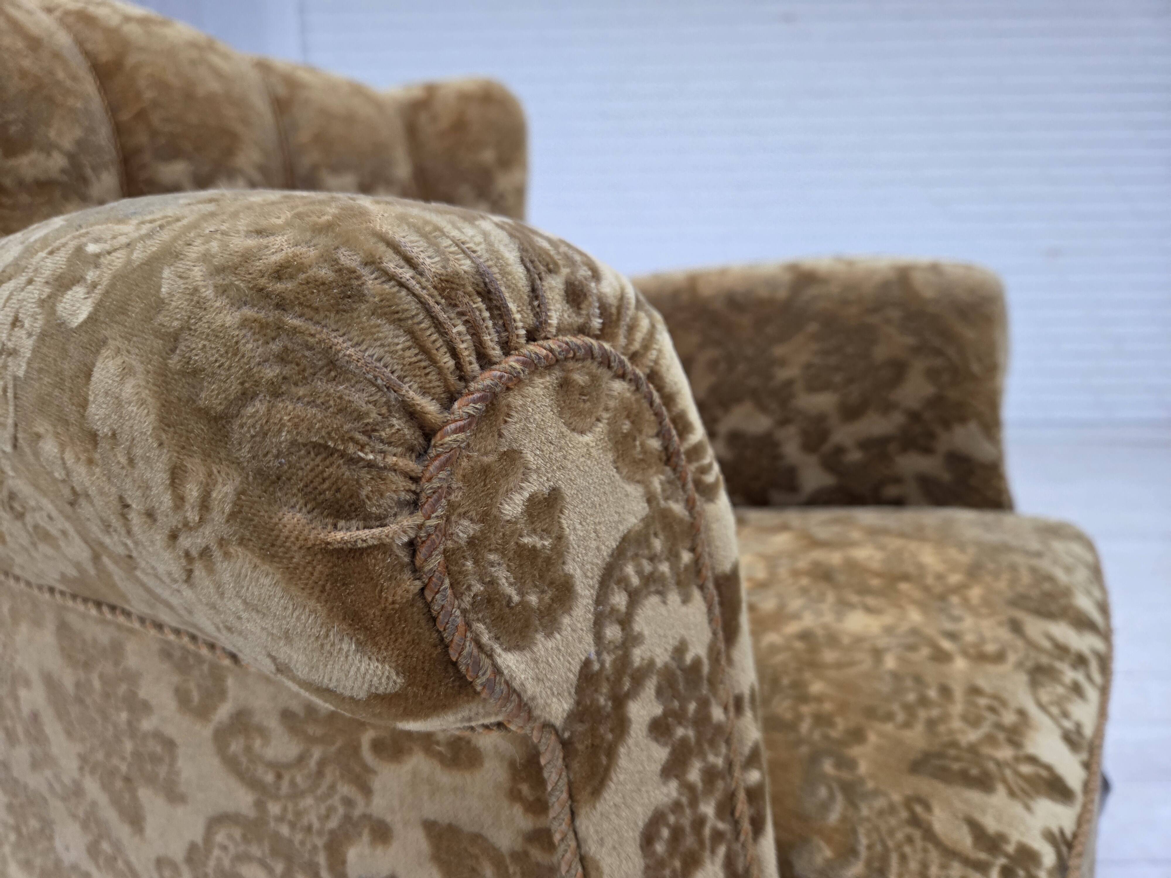 1950s, Danish relax armchair, furniture velour, carved oak wood.