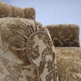 1950s, Danish relax armchair, furniture velour, carved oak wood.