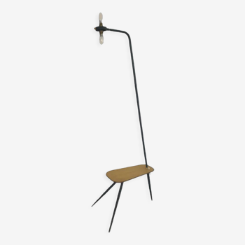 Mid-century tripod floor lamp with perforated metal shelf